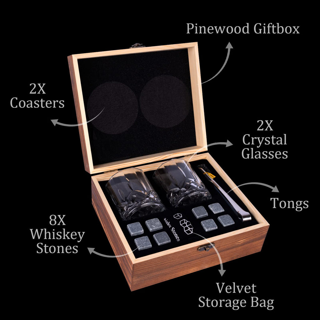 Whiskey Stones Gift Set - DIOXADOP Whiskey Glass Set Gifts for Men, 8 Granite Chilling Whisky Rocks, 2 Crystal Whisky Glasses - Best Gifts for Men Dad Husband Boyfriend Birthday Present