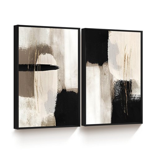 Framed Abstract Wall Art Set of 2, Black Gold Landscape Abstract Shapes Illustrations Canvas Print Wall Deocr for Living Room Bedroom 16x24 in Black