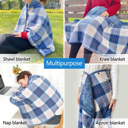Missmat-Wearable Blanket, Poncho Throw with Buttons (55" L x 39.3" W), Comfy Plaid Shawl for Office, Bed, Sofa and Outdoors, All Seasons（Blue