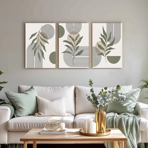 Zessonic Sage Green Boho Wall Art Abstract Canvas, Large Bohemian Minimalist Leaf Geometric Sun Lines Mid Century Nordic Prints for Living Room, Hallway, Bedroom - Ready to Hang- Set of 3, 16x24 Inches