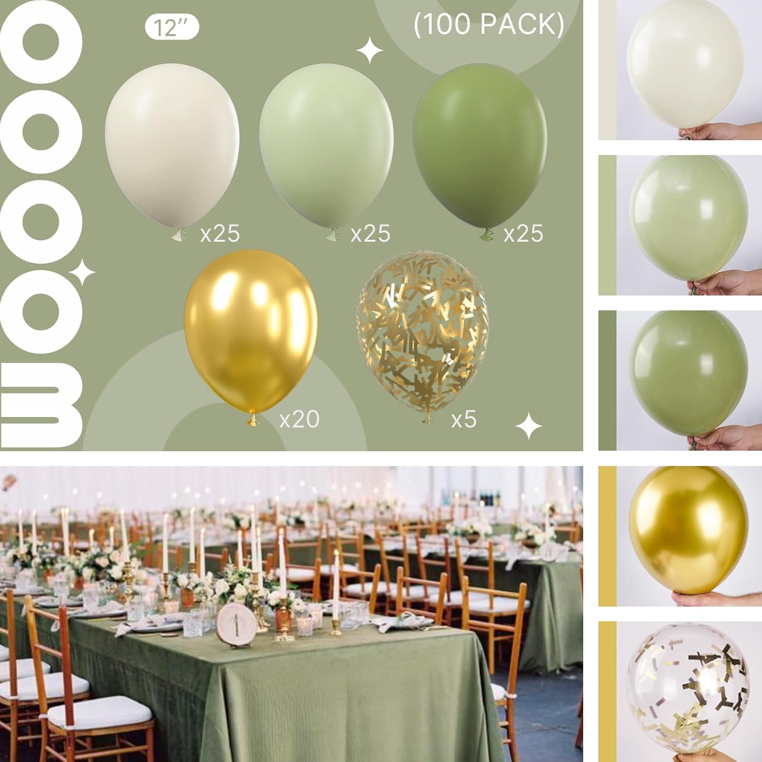 PartyWoo Sage Green Balloons - 100pcs 12 Inch Metallic Gold & White Confetti for Baby Shower & Weddings