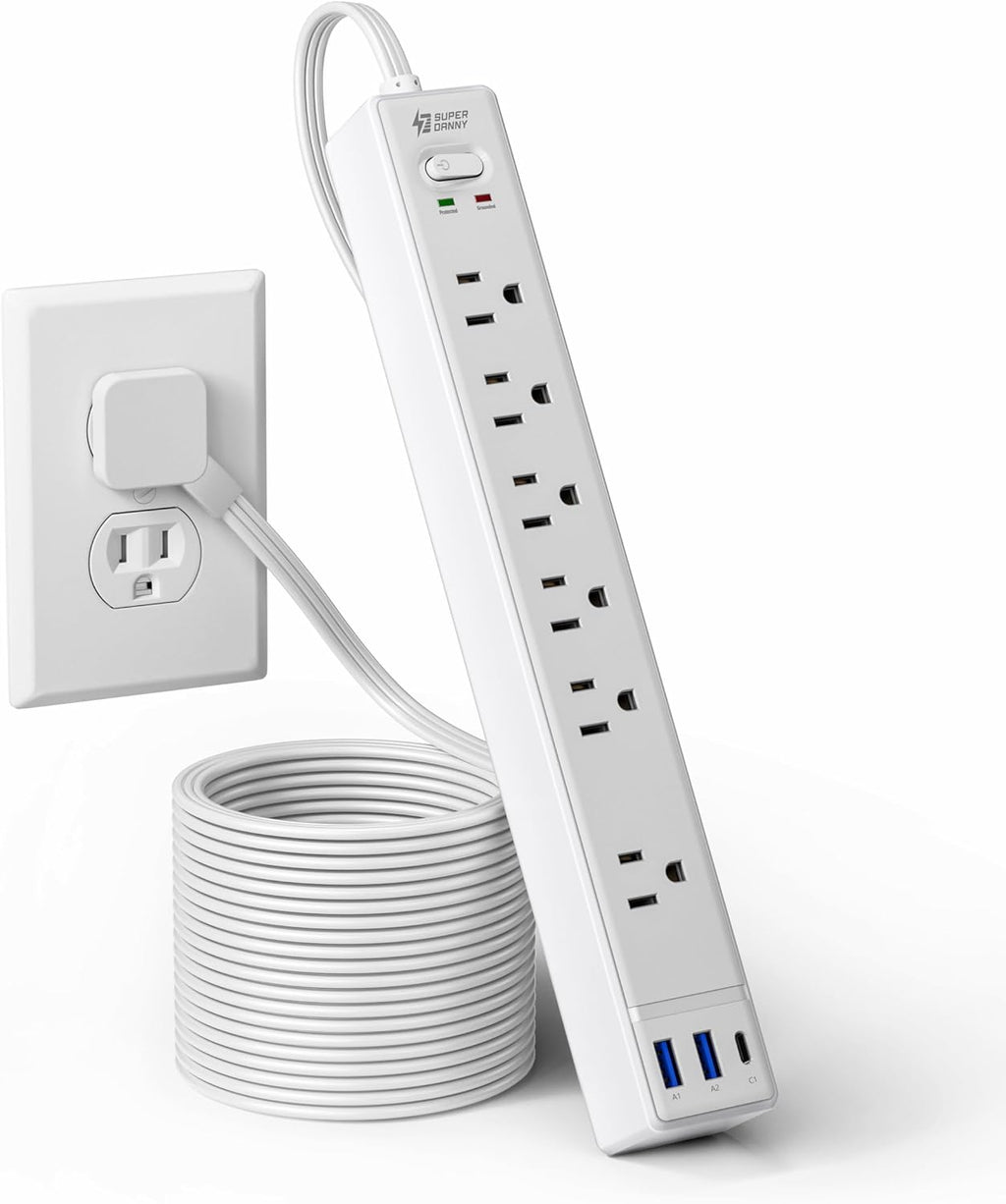 SUPERDANNY 10Ft Extension Cord - Flat Plug Surge Protector with 6 Outlets & 3 USB Ports | Ideal for Home Office & Dorm Room Essentials