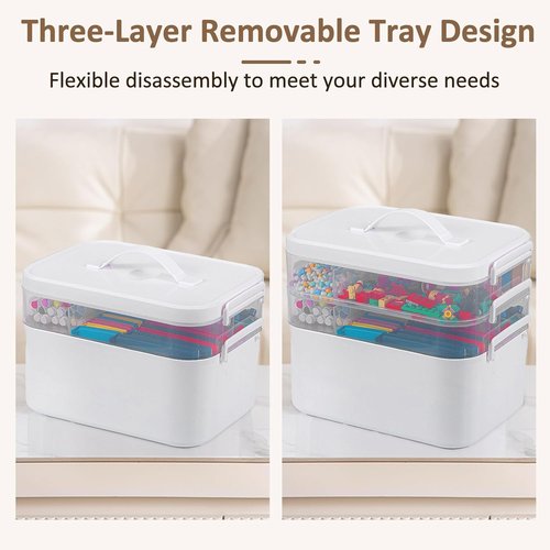 Craft Organizer by 3-Layer | Plastic Storage Box with Removable Trays & Lids | 10.62” x 9” x 7.67”