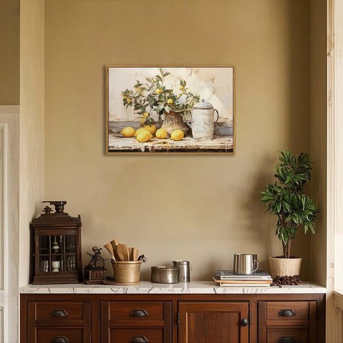 XLARTMY Framed Vintage Kitchen Wall Art, Yellow Lemon Still Life Wall Art Oil Paintings, Rustic Farmhouse Artwork Canvas Posters Prints Pictures for Living Room Bedroom 16x24In