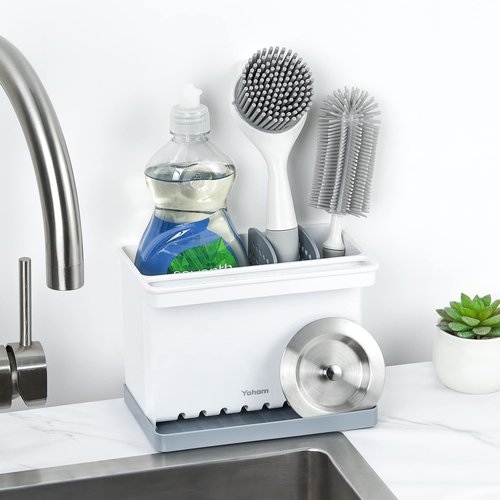 YOHOM Sink Brush Holder for Kitchen Sink Sponge Caddy Countertop Organizer Plastic Dish Scrubber Holder with Dividers