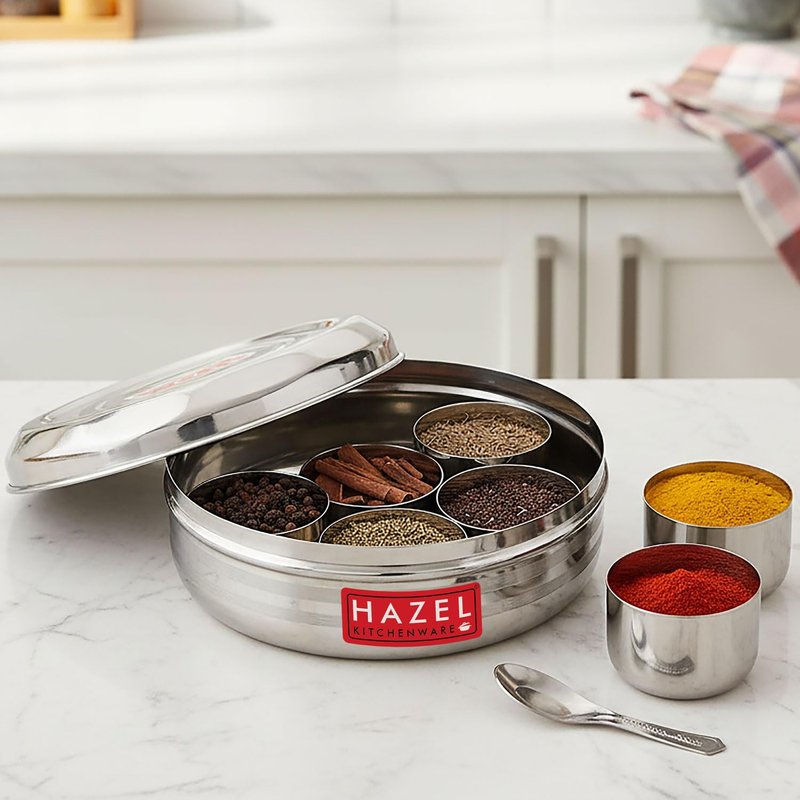 HAZEL Stainless Steel Spice Box with Spoon, Airtight 7-Compartment Masala Dabba, 7.3-Inch Round Spice Organizer for Kitchen Storage