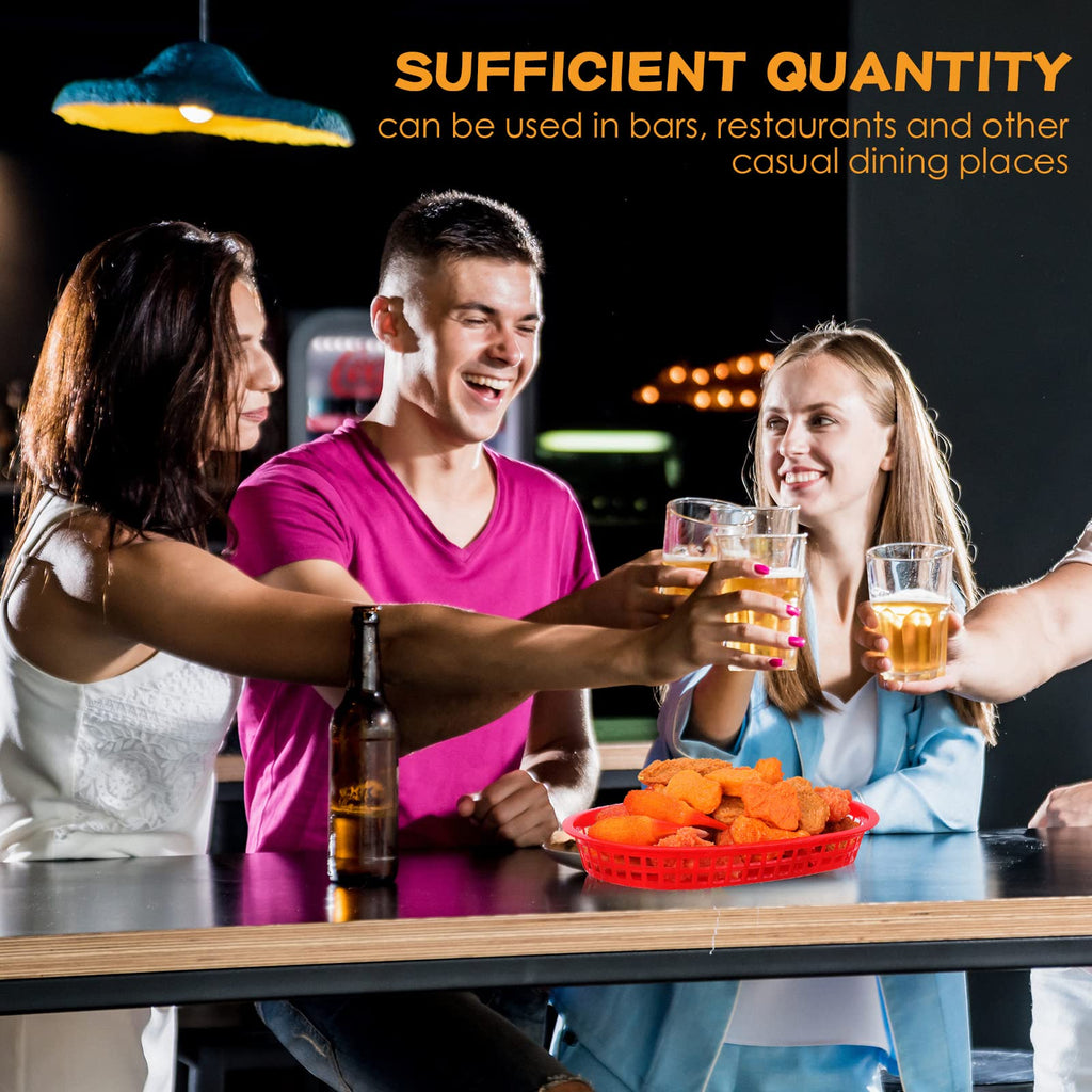 Rtteri 100 Pcs Fast Food Baskets Bulk 10.6 x 6.7 Inch, Oval Restaurant Tray Red Plastic Serving Basket, Reusable Bread Fry Basket for Hot Dog, Burger, Chips, Picnic and Christmas Party Deli Serving