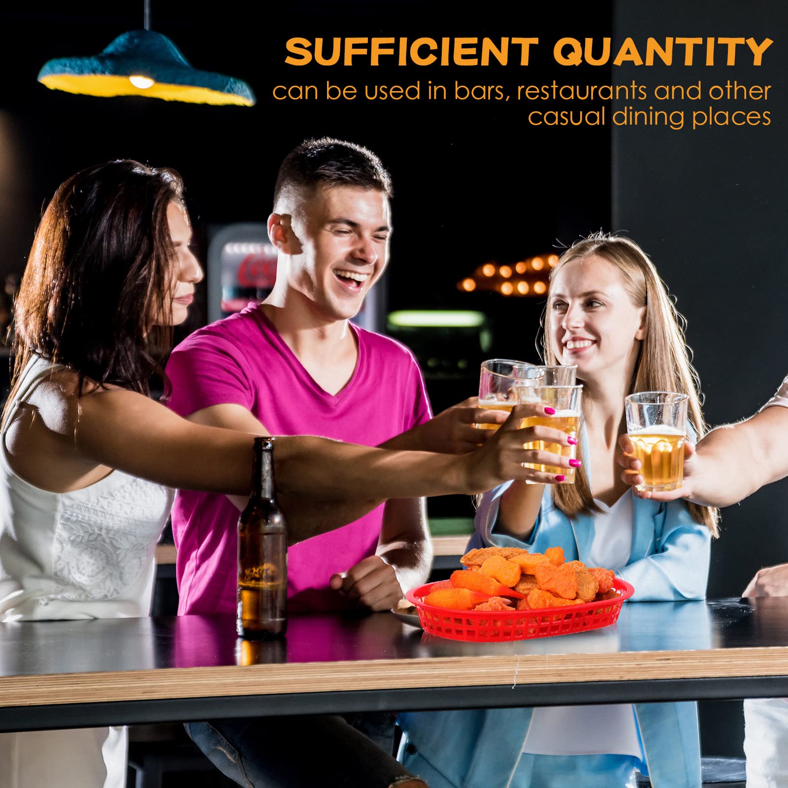 Rtteri 100 Pcs Fast Food Baskets Bulk 10.6 x 6.7 Inch, Oval Restaurant Tray Red Plastic Serving Basket, Reusable Bread Fry Basket for Hot Dog, Burger, Chips, Picnic and Christmas Party Deli Serving