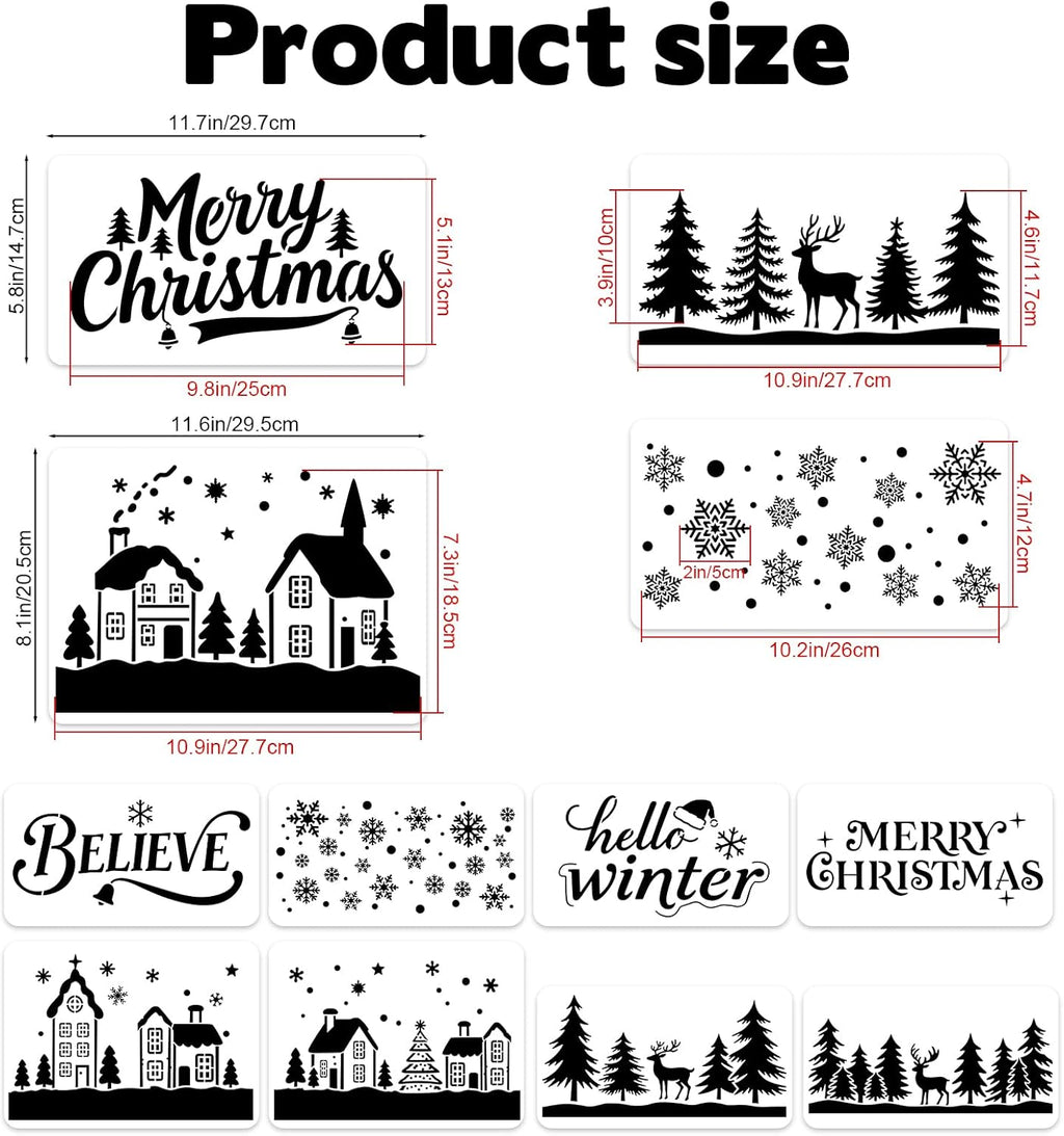 Regine Switzerland Large Christmas Stencils - 12 Pcs Winter House, Snowflake & Pine Tree Designs for Painting on Wood, Glass & Door Mats