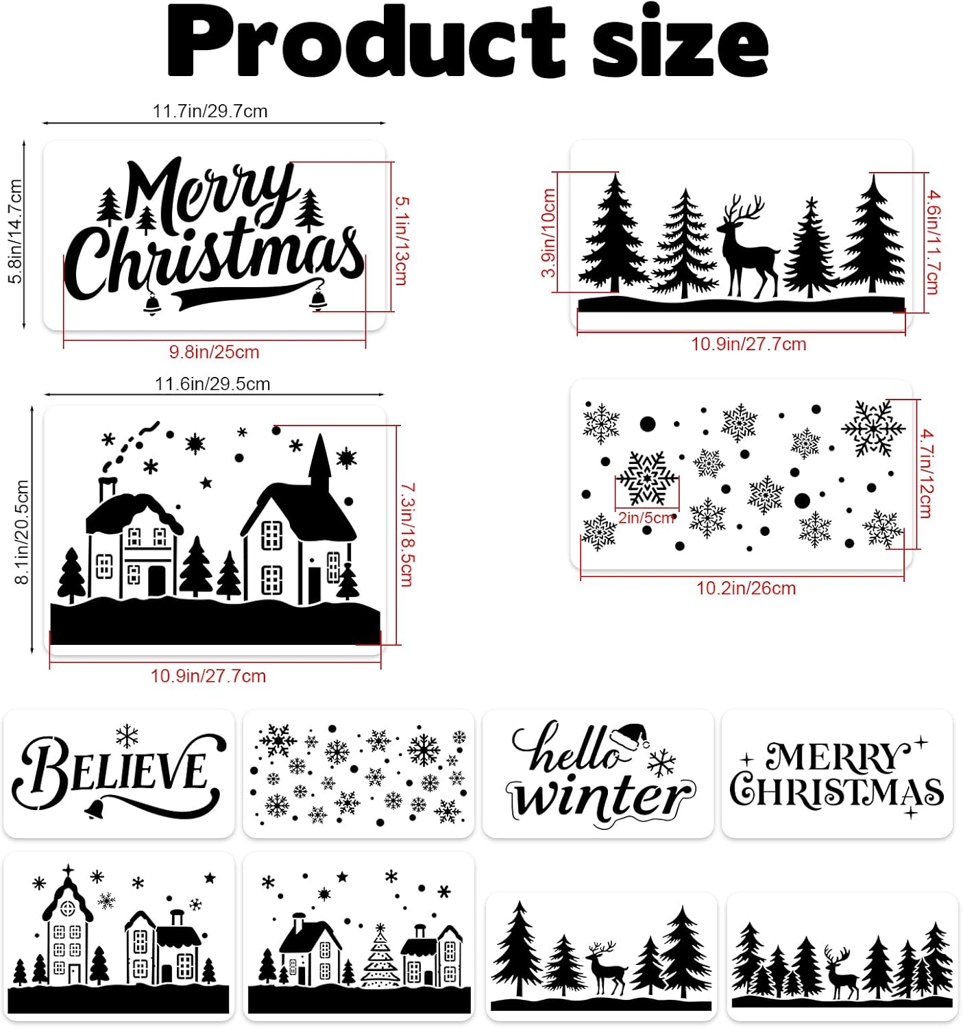 Regine Switzerland Large Christmas Stencils - 12 Pcs Winter House, Snowflake & Pine Tree Designs for Painting on Wood, Glass & Door Mats