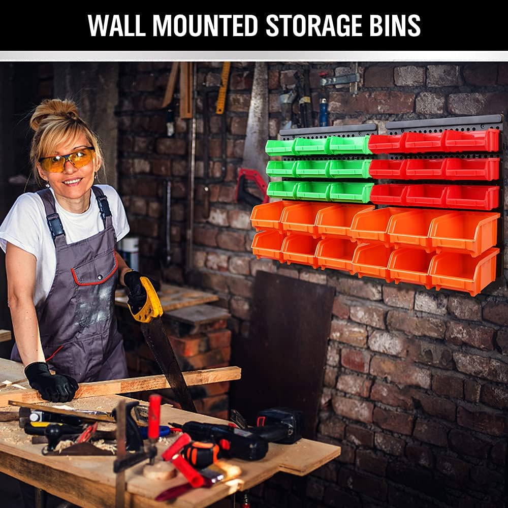 SWANLAKE Heavy-Duty Wall-Mounted Storage Bins | 30-Bin Garage Tool Organizer for Small Hardware