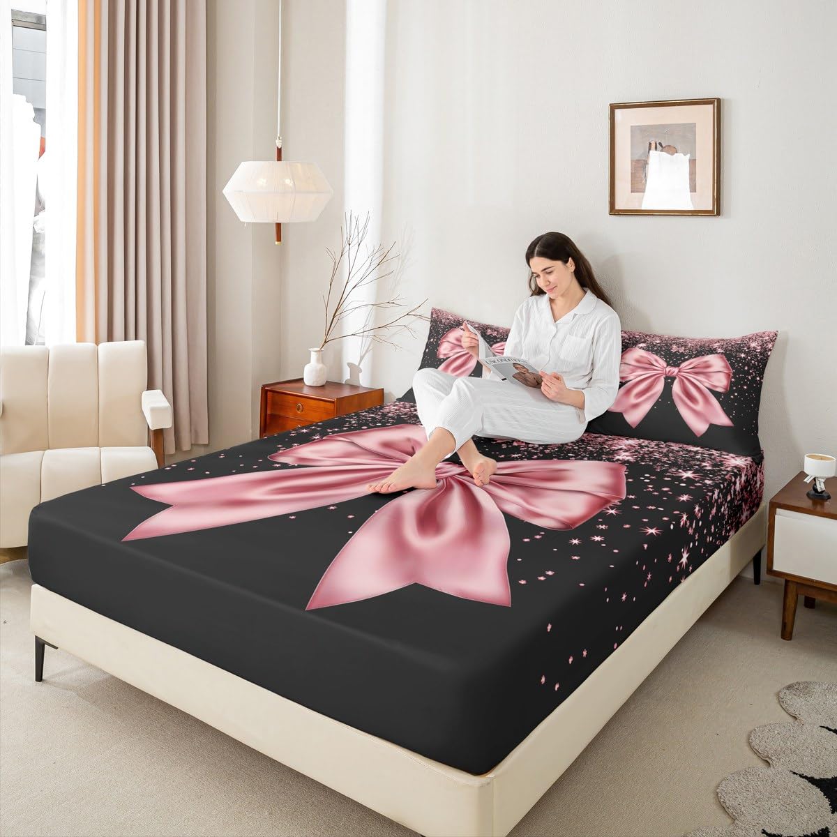 Pink Bowknot Kids Fitted Sheet Queen Size,Pink Glitter Dreamy Girlish Bedding Set,Girls Boys Adults Room Decor,Beauty Glamorous Fashion Bed Cover,Sweet Romantic Bed Sheet,2 Pillowcases