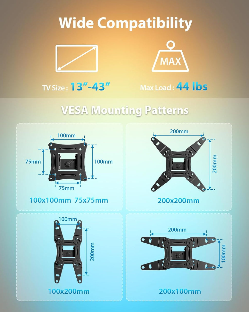 Pipishell Full Motion TV Wall Mount - LED Light & Music Sync for 13"-43" TVs, Max VESA 200x200mm