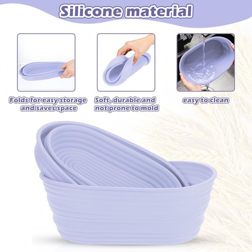 Nuogo 4 Pack Oval Bread Proofing Basket Silicone 10 Inch Collapsible Sourdough Bread Baking Supplies Dough Proofing Bowl with 4 Pcs Dough Scraper and 4 Pcs Basket Covers(Purple)