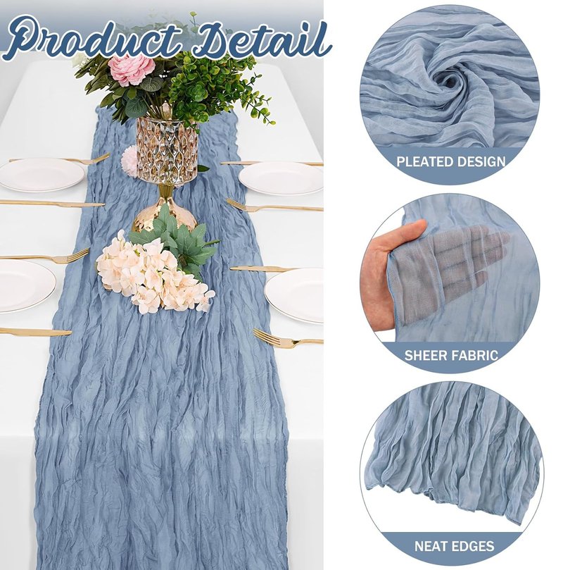 6 Pack Dusty Blue Cheesecloth Table Runner, 35 x 120 Inch Dusty Blue Cheese Cloth Table Runner, 10FT Boho Gauze Spring Table Runners for Wedding Bridal Baby Shower Birthday Party