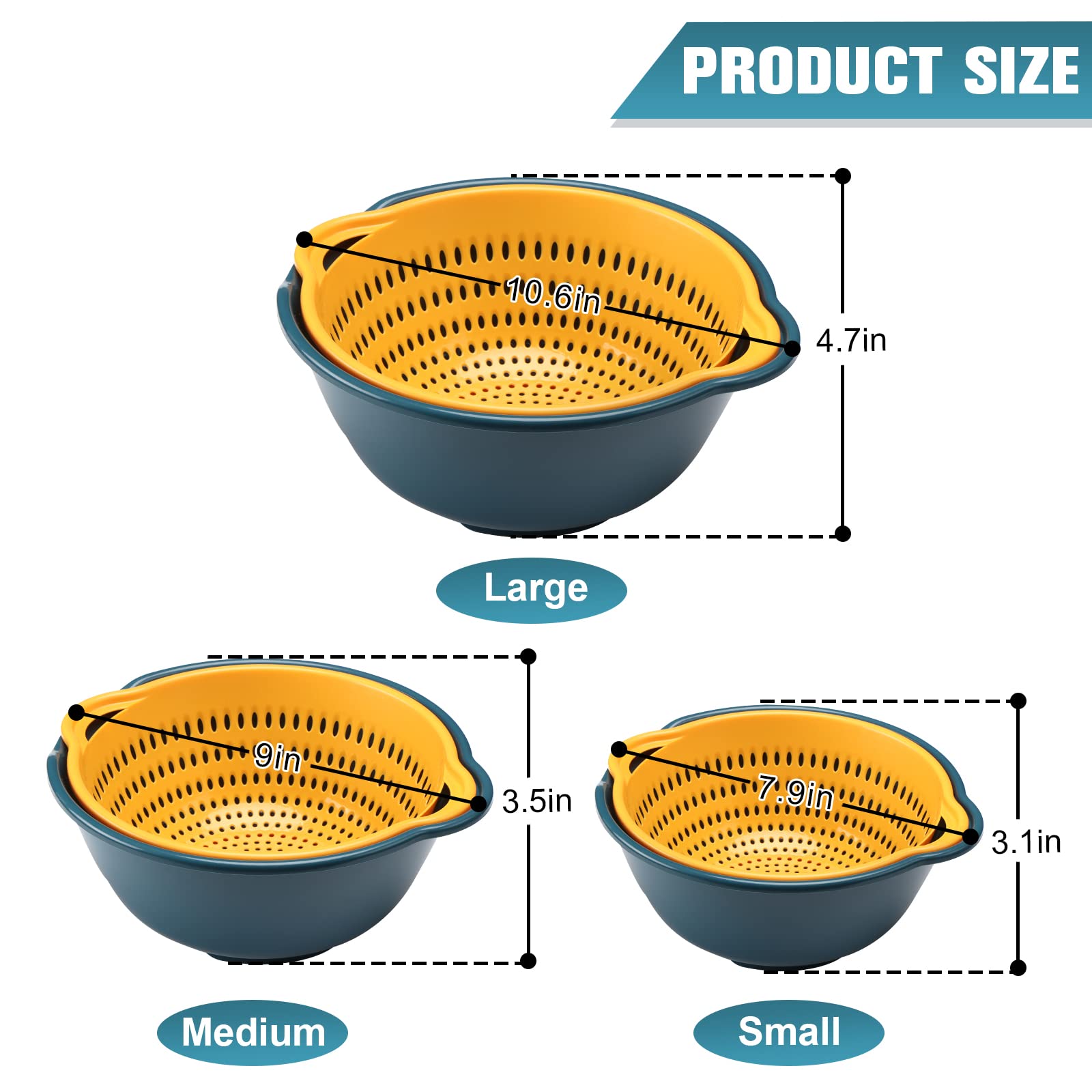 LRECNOM 6 Pieces Colander with bowl, Food Strainer for Pasta Veggies and Fruits, BPA Free, Dishwasher Safe (blue)