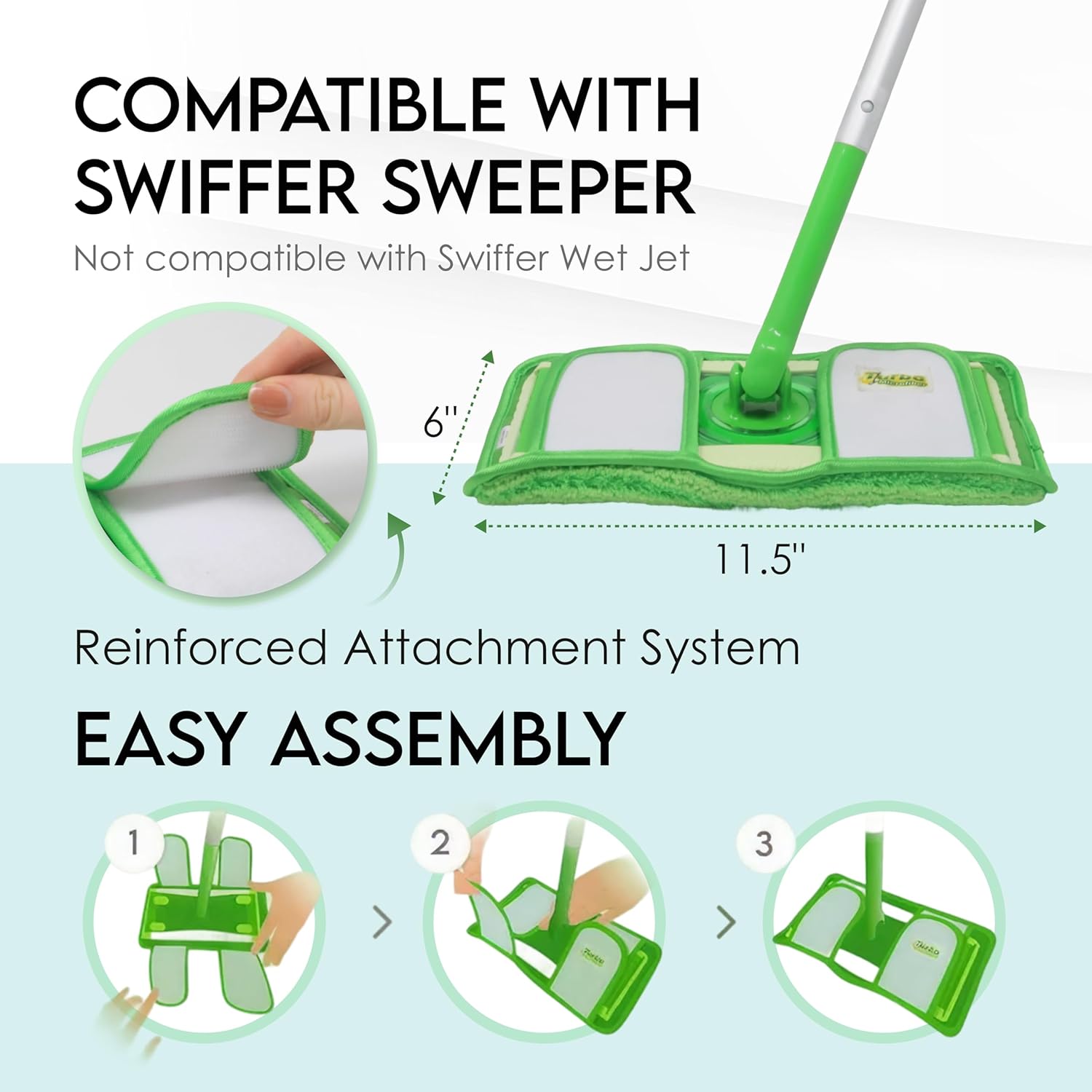 Turbo Reusable Mop Pads - Washable Microfiber Refills for Swiffer Sweeper - 12 Inch, 2 Pack