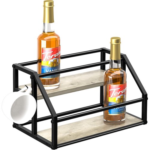 Homedawn Coffee Syrup Rack Organizer, Syrup Bottle Holder Stand for Coffee Bar, 2-Tier 8 Bottles Storage Shelves for Syrup, Wine, Dressing for Kitchen Countertop, Greige