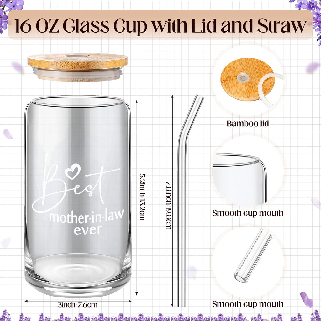 SilTriangle 4 Pcs Mother in Law Gifts Best Mother in Law Ever Gift Include 16 oz Glass Cup with Lid and Straw Tote Bag Makeup Bag 3. 5 oz Scented Candle Mom Birthday Present from Daughter Son(Black)