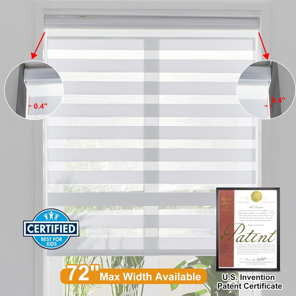 Persilux Cordless Zebra Blinds - Dual Layer Light Control Window Shades | 24" W X 72" H, White