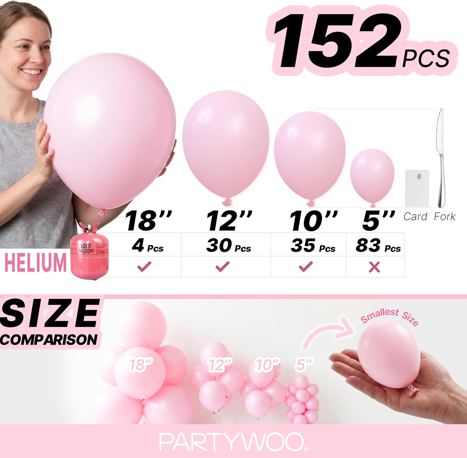 PartyWoo Light Pink Balloon Arch Kit - 152pcs in Various Sizes for Baby Showers & Birthdays