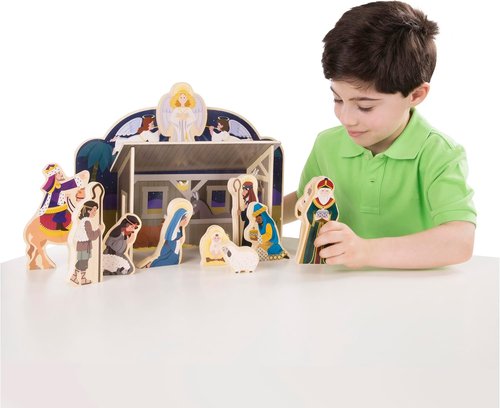 Melissa & Doug Classic Wooden Nativity Set - 11 Figures with 4-Piece Stable for Christmas Decor