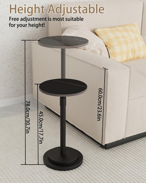 GUOHNHE Height Adjustable Drink Table, Vintage Round Indoor Metal Plant Stand, for Small Spaces, Living Room, Bedroom, Cocktail, 1 Pack, Black, GBZ001CB-1
