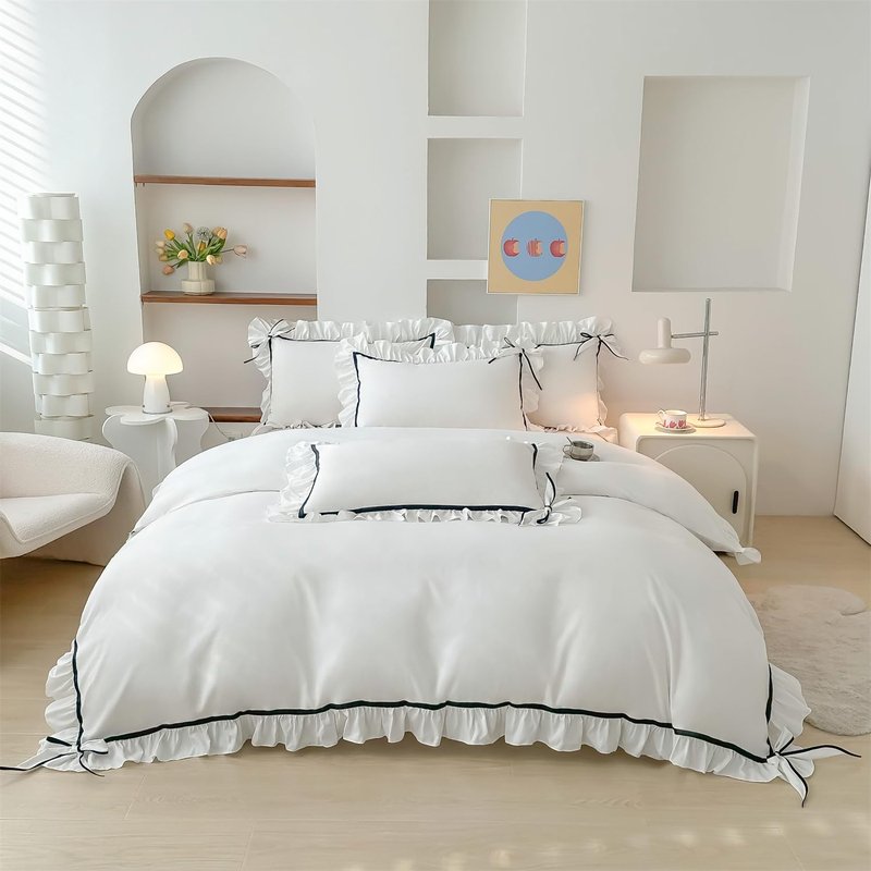 SOUKACH Ruffled Bedding Bow Duvet Cover Set with Butterfly Tie, Soft Brushed Microfiber Shabby Chic Bedding Set with Zipper Closure for Kids Girls-White,Twin