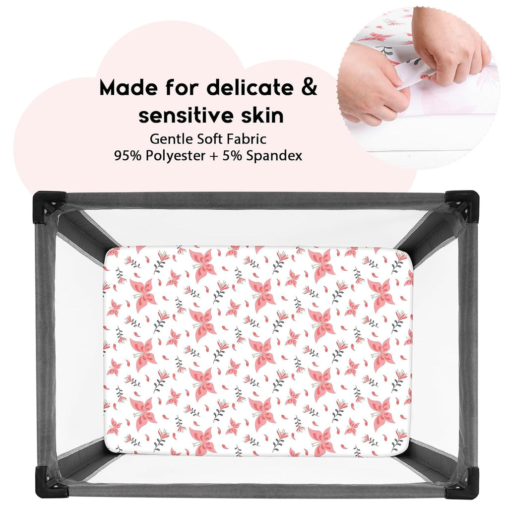 Yoofoss Fitted Pack and Play Sheets - Soft, Stretchy Mini Crib Sheets 2-Pack (Pink + Butterflies)