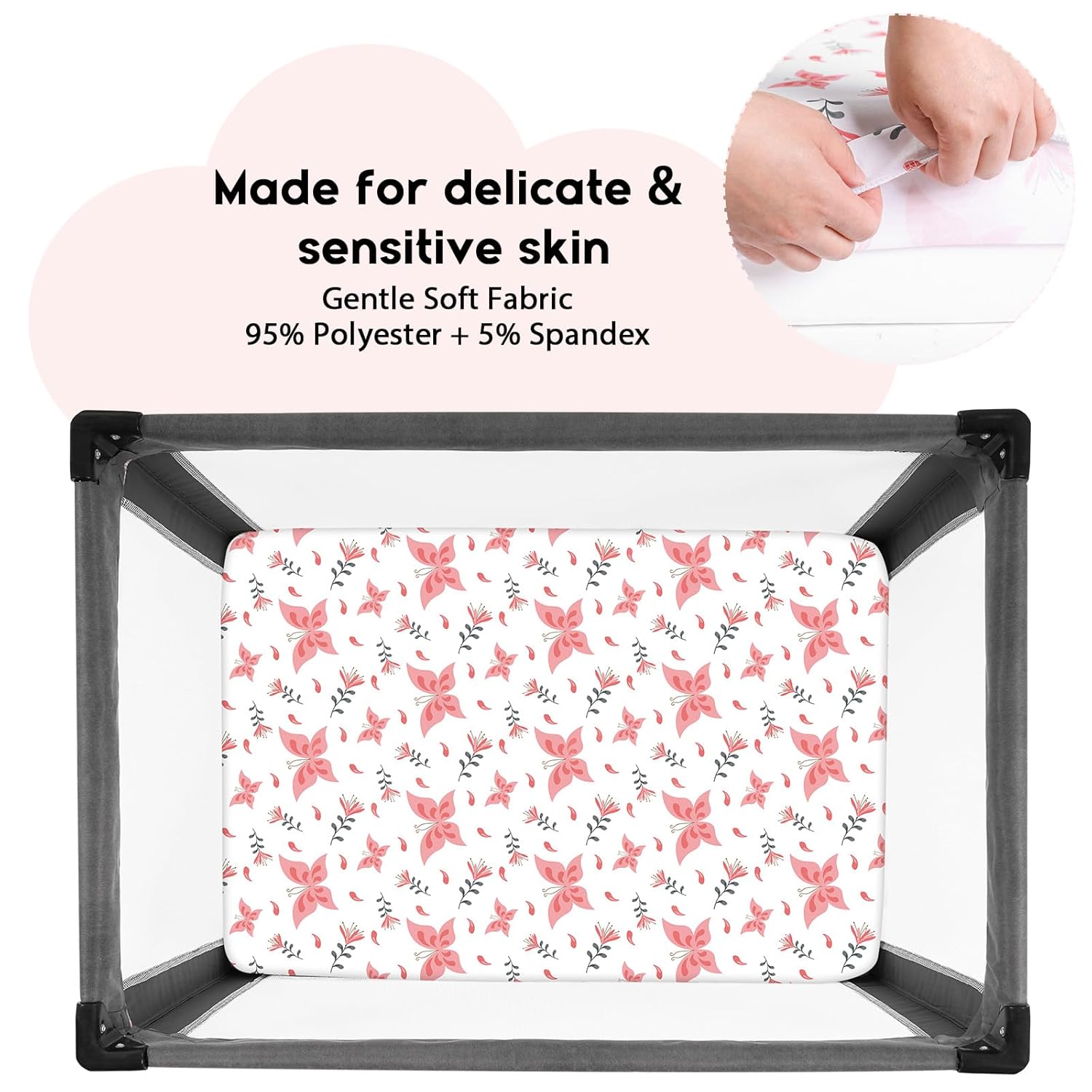 Yoofoss Fitted Pack and Play Sheets - Soft, Stretchy Mini Crib Sheets 2-Pack (Pink + Butterflies)