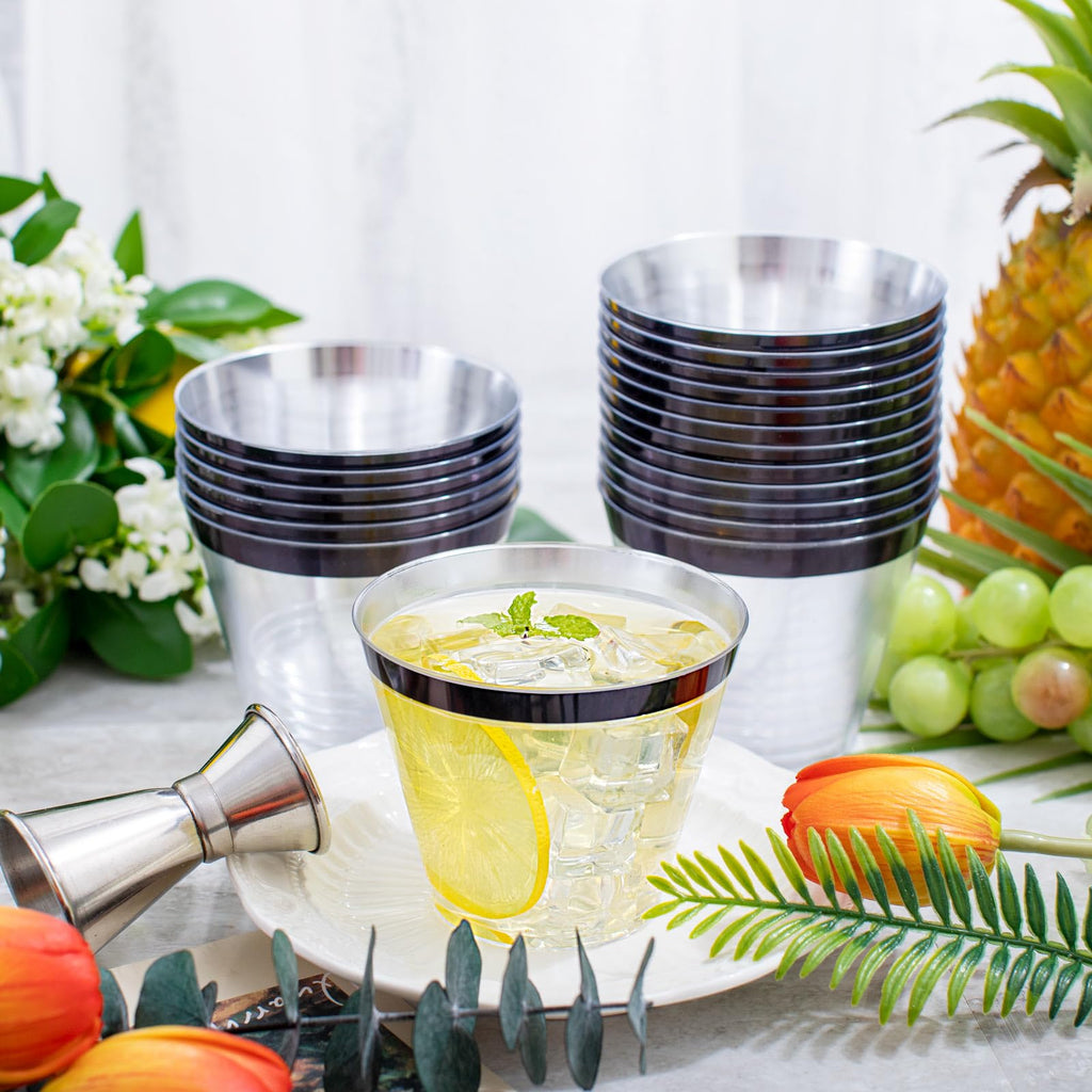 WELLIFE 120 PCS Black Plastic Cups,Disposable Cocktail Glasses,Plastic Wine Glasses Disposable,9 oz Clear Cups for Party