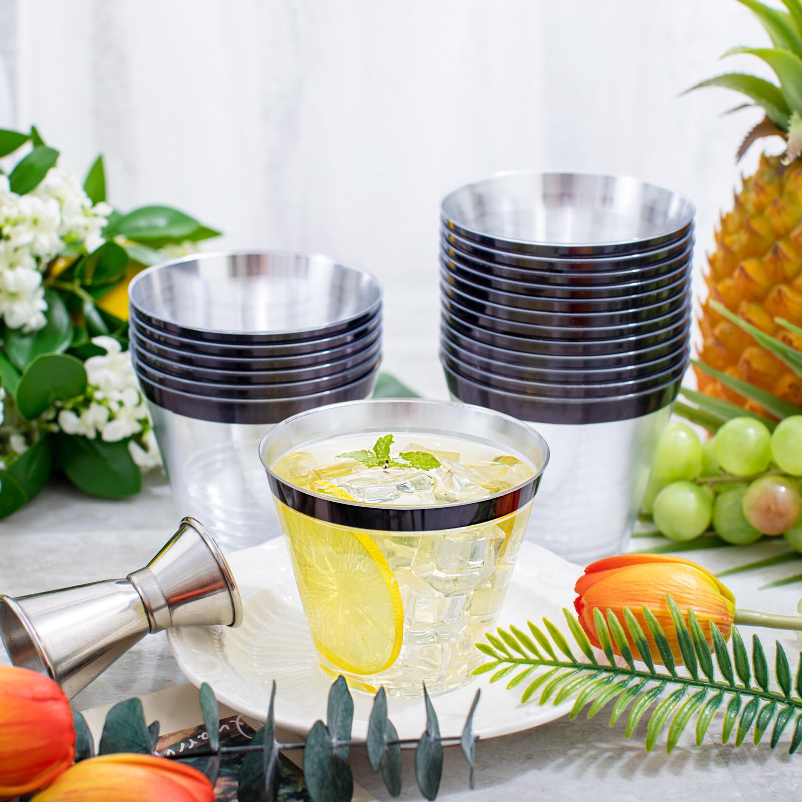 WELLIFE 120 PCS Black Plastic Cups,Disposable Cocktail Glasses,Plastic Wine Glasses Disposable,9 oz Clear Cups for Party