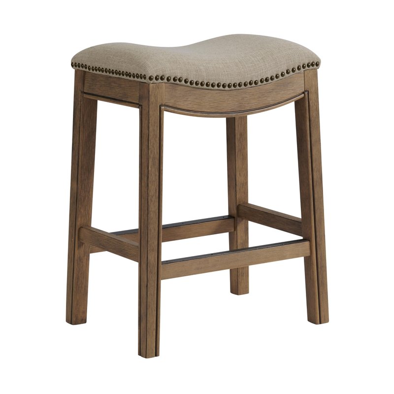 Williston Counter Height Stool – 26” Tall Backless Saddle Seat with Linen-Like Upholstery, Solid Rubberwood Frame in Natural Wire-Brush Finish, Metal Kick Plate & Footrest for Kitchen Island or Bar