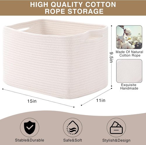 ICERZCZ Storage Baskets - Woven Cotton Rope Bins for Nursery & Home Organization | 15"x11"x9.5", Off White, 3 Pack