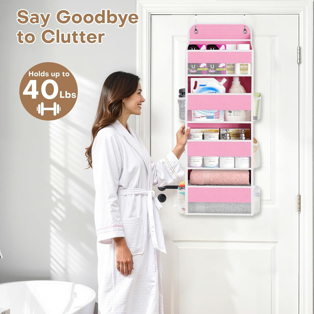 SpaceWhisper Over The Door Organizer - 4 Large Pocket Hanging Storage For Nursery & Bathroom (Pink)