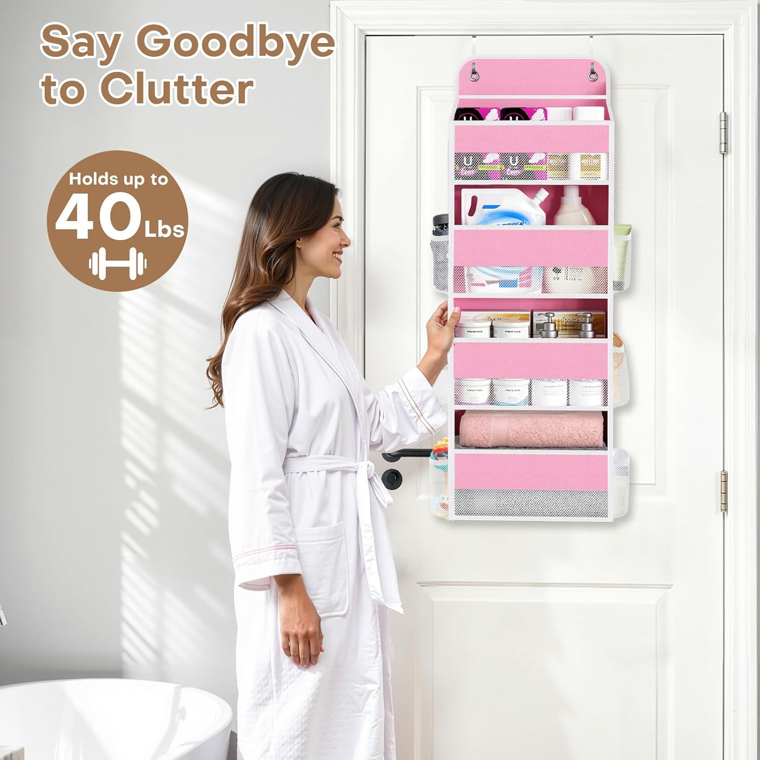 SpaceWhisper Over The Door Organizer - 4 Large Pocket Hanging Storage For Nursery & Bathroom (Pink)