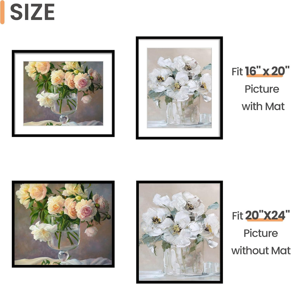 Upsimples 20x24 Picture Frame - Display 16x20 Photos with Mat or 20x24 Without - Black, 1 Pack