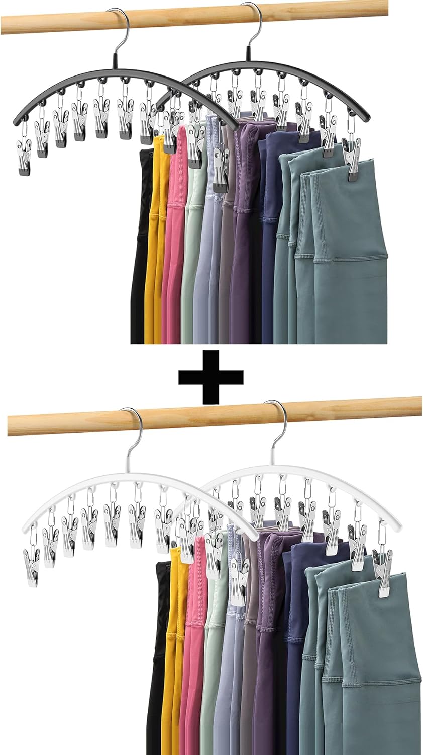 Skiennix Legging Organizer - Space-Saving Metal Yoga Pants Hangers | 4 Pack with 10 Clips, Black & White