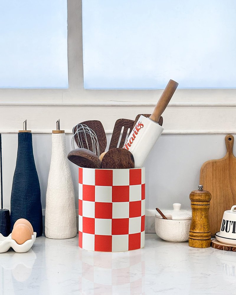 Swkien Utensil Holder, 7.2 Inch Checkered Utensil Holder, Ceramic Cooking Utensil Spoon/Spatula Holder for Countertop, Kitchen Decor and Accessories for counte(Red)