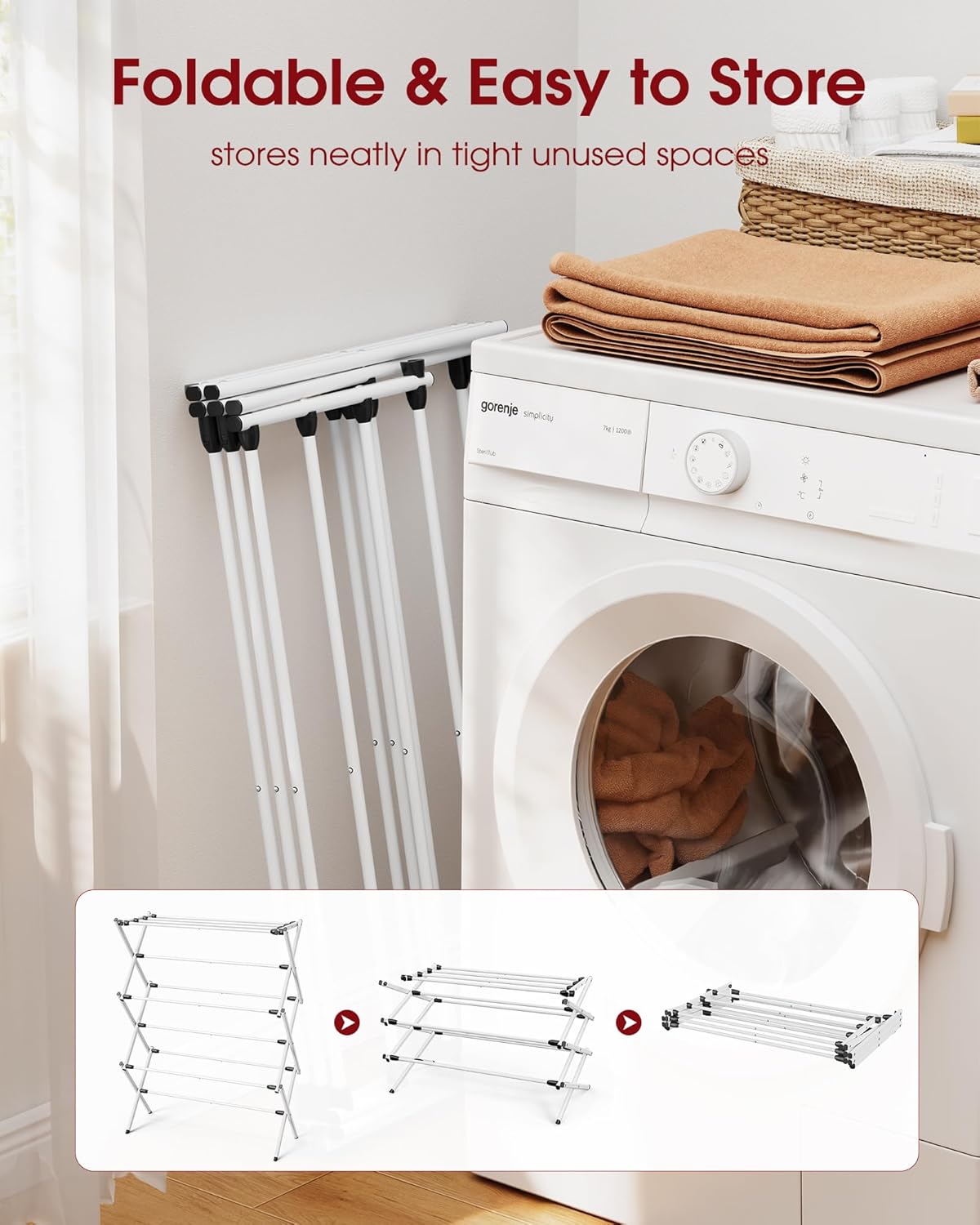 Sakugi Foldable Clothes Drying Rack - 3-Tier Metal Laundry Organizer with Non-Slip Feet, 11.4"D x 29.1"W x 37.4"H, White & Black