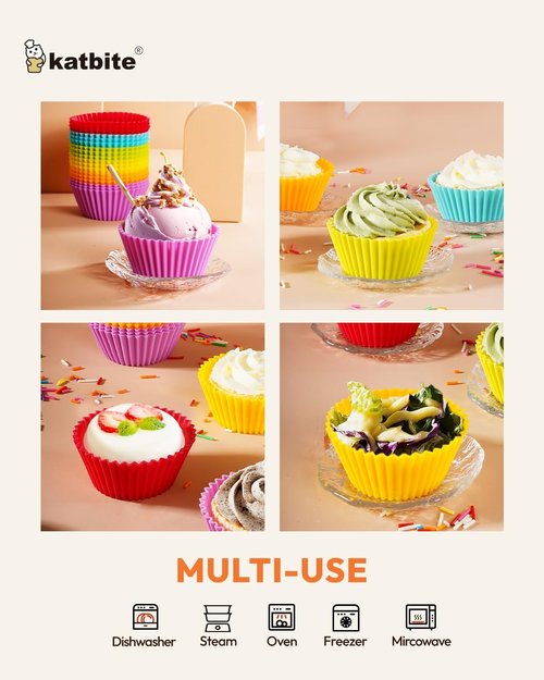 Katbite Silicone Cupcake Liners - Non-Stick Heavy Duty Muffin Molds, 24 Pack, Multicolor for Parties & Baking