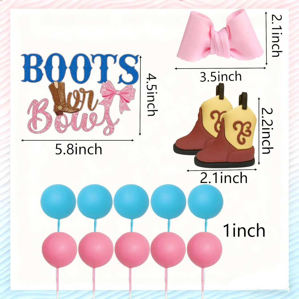 Skiennix Gender Reveal Cake Decorations - Acrylic Boots & Bows Cake Toppers Set for Baby Shower