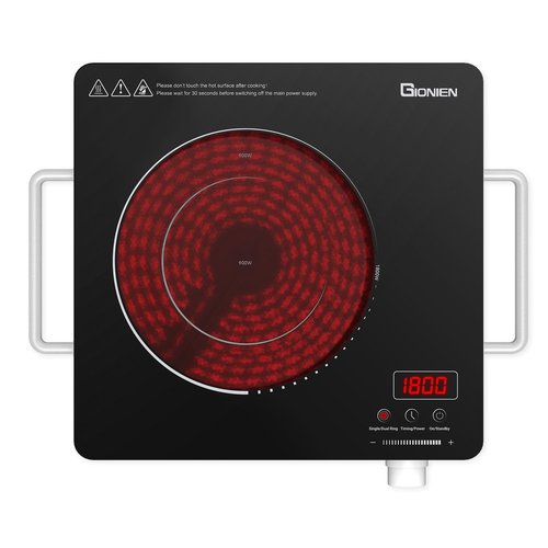 GIONIEN Electric Cooktop 1 Burner 110V, Portable Electric Stove with Handle, Ceramic Countertop Burner, Knob Control, ‌3-hour Timer, Safety Lock,3 Heat Modes,1800W