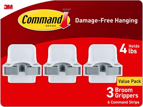 Command Broom Grippers - Damage-Free Wall Mount Mop & Broom Holder | 3 Hangers & 6 Strips, Holds Up to 4 lb