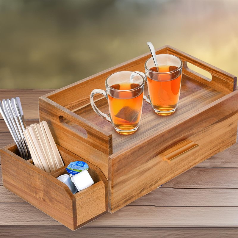 Balaipor Acacia Wood Tea Bag Organizer, Wooden Tea Bag Storage Box Holder with Drawer for Kitchen Office Tea Bar Countertop