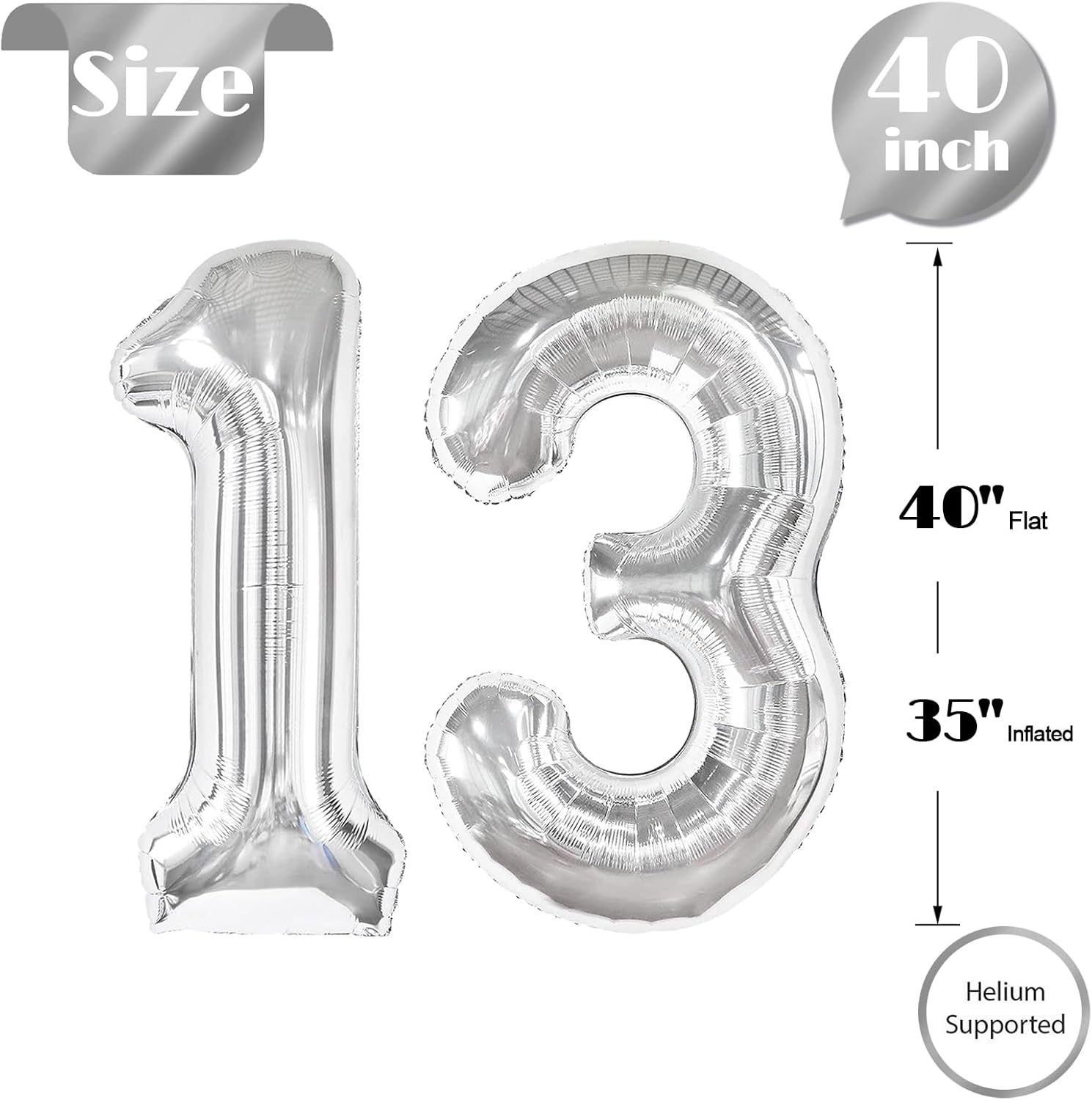 Silver Number 13 Balloon - 40 Inch Giant Foil Balloon for 13th Birthday Party Decorations