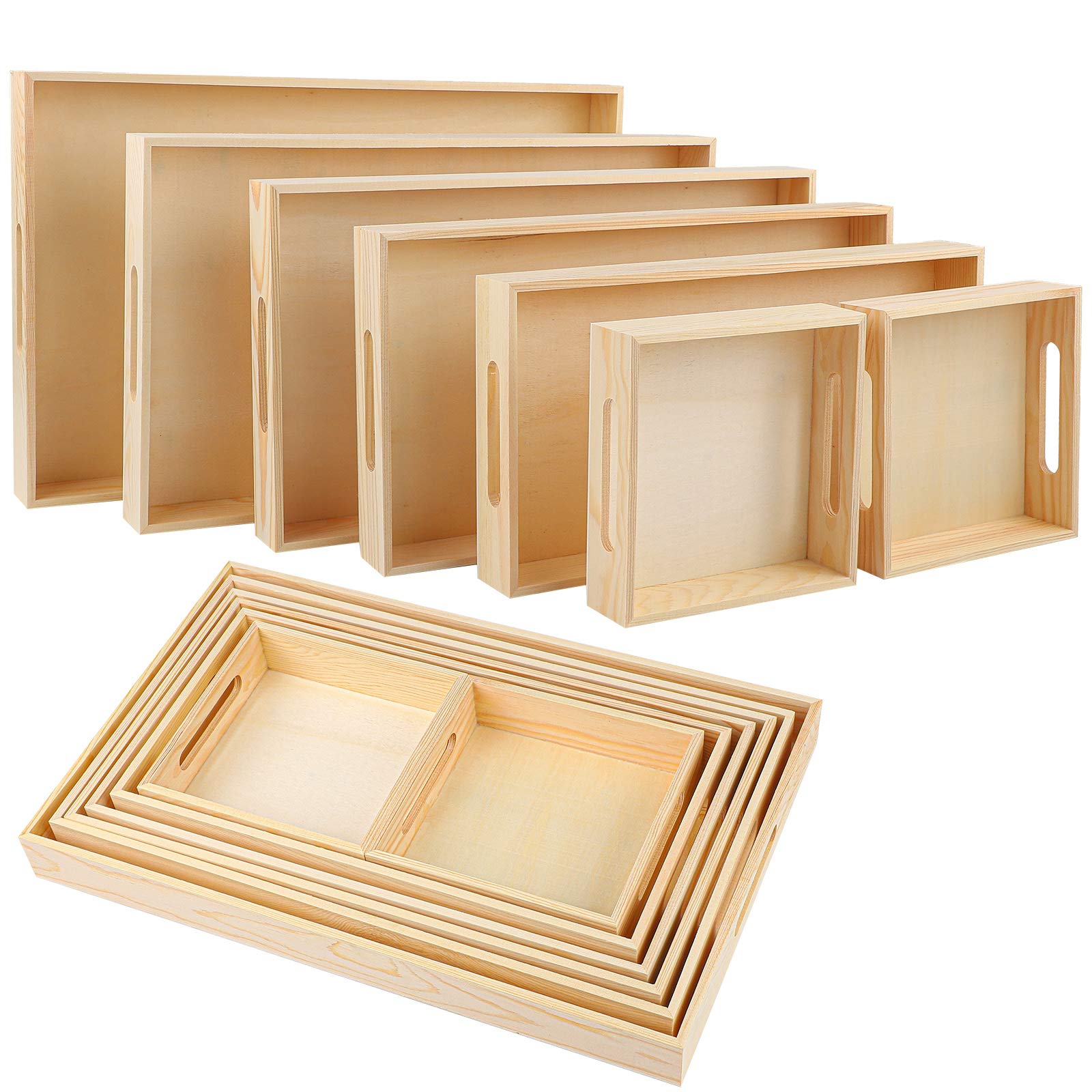 Aodaer 7 Pieces Wooden Trays, Wooden Nested Serving Trays, Rectangular Shape Serving Tray with Handles for Kitchen Party Dinner Snacks