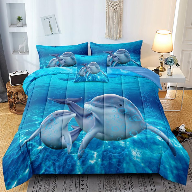 Dolphin comforter set Twin Size Bed in a Bag Cute Dolphin Jumping Blue Ocean Themed Bedding Set for Boys Girls Room Decor with Comforter,Pillow Shams,Flat Sheet,Fitted Sheet,Cushion Cover(Twin 5Pcs)
