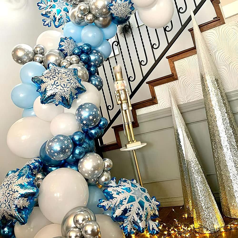Skiennix 132PCS Ice Snow Queen Balloon Garland Kit - Double Layer Snowflake Decorations for Winter Parties