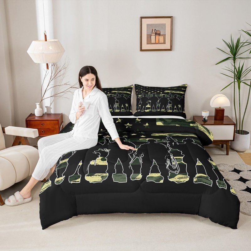American Flag Comforter Set Twin for Boy Teen ArmyGreen Camouflage Down Comforter Adult Men Soldier Silhouettes Quilted Duvet Military Style Camo Bedding Comforters, 1 Comforter Set + 1 Pillowcase